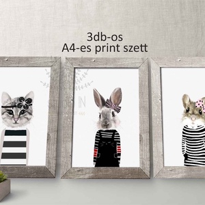 Állatos Falikép szett, 3db-os print szett, állatos fali dekoráció, kislány szoba dekoráció, cica, nyuszi, egér - otthon & életmód - dekoráció - kép & falikép - Meska.hu
