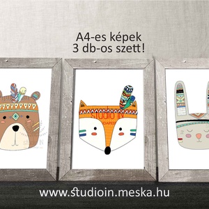 Erdei állatos falikép szett gyerekszobába, nyuszi, róka, maci, bagoly, mókus képek, gyerekszoba dekoráció,  - otthon & életmód - dekoráció - kép & falikép - Meska.hu