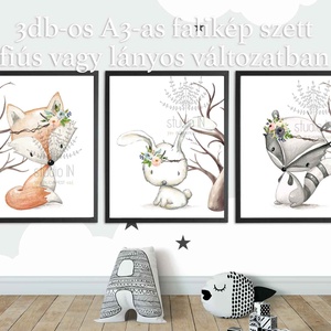 Erdei állatos falikép szett A3-as, 3db-os állatos dekoráció, Nyuszi, róka, Őz falikép szett -  - Meska.hu