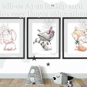 Erdei állatos falikép szett A3-as, 3db-os állatos dekoráció, Nyuszi, róka, Őz falikép szett -  - Meska.hu
