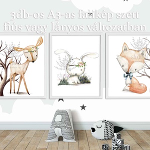 Erdei állatos falikép szett A3-as, 3db-os állatos dekoráció, Nyuszi, róka, Őz falikép szett -  - Meska.hu