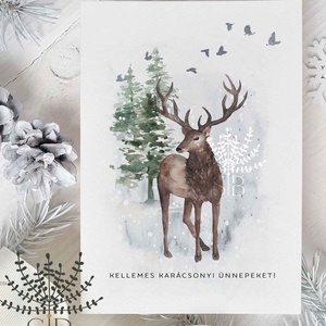 Téli táj, szarvas karácsonyi képeslap, ajándékkísérő, Karácsony, Karácsonyi ajándékozás, Karácsonyi képeslap, üdvözlőlap, ajándékkísérő, Fotó, grafika, rajz, illusztráció, MESKA