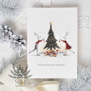 karácsonyi képeslap, nyuszis karácsony, téli karácsonyi üdvözlő lap, Karácsony, Karácsonyi ajándékozás, Karácsonyi képeslap, üdvözlőlap, ajándékkísérő, Fotó, grafika, rajz, illusztráció, MESKA
