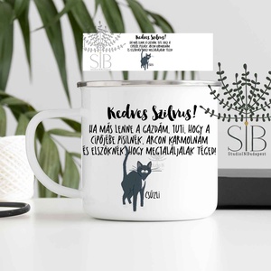 Macskás névre szóló zománcozott fém bögre - otthon & életmód - konyhafelszerelés, tálalás - tálalás - bögre & csésze - Meska.hu