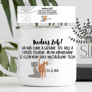 Macskás névre szóló zománcozott fém bögre - otthon & életmód - konyhafelszerelés, tálalás - tálalás - bögre & csésze - Meska.hu