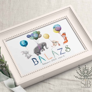 állatos gyermekszobai falikép, lufis babaszoba dekoráció, névre szóló fiús babaszoba dekoráció, róka, süni, mókus - otthon & életmód - babaszoba, gyerekszoba - babaszoba kép - Meska.hu