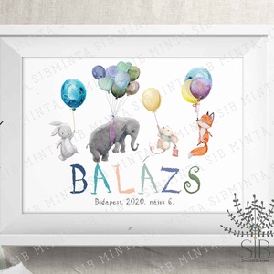 állatos gyermekszobai falikép, lufis babaszoba dekoráció, névre szóló fiús babaszoba dekoráció, róka, süni, mókus, Otthon & Életmód, Babaszoba, gyerekszoba, Babaszoba kép, Fotó, grafika, rajz, illusztráció, MESKA