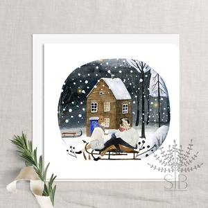 Karácsonyi szánkózás képeslap, Otthon & Életmód, Papír, írószer, Képeslap, üdvözlőlap, Ajándékozás kellékei, Fotó, grafika, rajz, illusztráció, MESKA