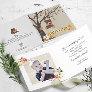 Őszi mackós gyermek születésnapi meghívó, Otthon & Életmód, Papír, írószer, Ajándékozás kellékei, Képeslap, üdvözlőlap, Fotó, grafika, rajz, illusztráció, MESKA