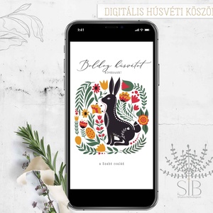 Húsvéti köszöntő népi motívumokkal, nyuszis digitális képeslap, letölthető húsvéti üdvözlő - Meska.hu