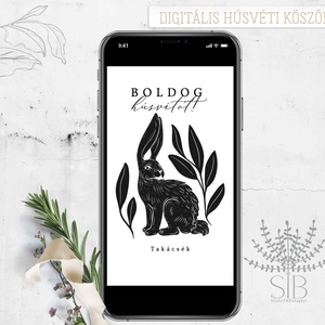 Húsvéti köszöntő, minimál grafikás, fekete-fehér nyuszis digitális képeslap, letölthető húsvéti üdvözlő, Otthon & Életmód, Papír, írószer, Képeslap, üdvözlőlap, Ajándékozás kellékei, Fotó, grafika, rajz, illusztráció, MESKA