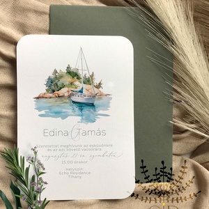 Vízparti esküvői meghívó vitorlás hajó grafikával - esküvő - meghívó & kártya - meghívó - Meska.hu