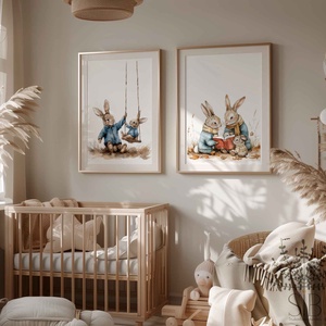 Kedves nyuszi család illusztráció, 2db-os print gyerekszobába - baba - mama - babaszoba-dekoráció - babaszoba kép - Meska.hu