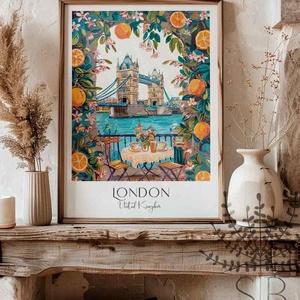 London grafika falikép, színes, virágos London Tower Bridge illusztráció, Művészet, Grafika & Illusztráció, Művészi nyomat, Fotó, grafika, rajz, illusztráció, MESKA