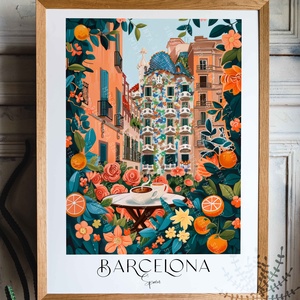 Barcelona grafika falikép, színes virágos, Casa Batlló illusztráció, Otthon & Életmód, Dekoráció, Kép & Falikép, Poszter, Fotó, grafika, rajz, illusztráció, MESKA