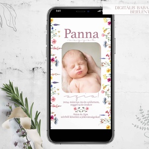 Digitális, telefonon küldhető, vadvirágos, babafotós megérkeztem, születési értesítő, Művészet, Grafika & Illusztráció, Digitális, Fotó, grafika, rajz, illusztráció, MESKA