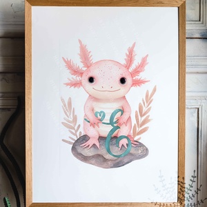 Axolotl grafikás gyerekszobai falikép kezdőbetűvel, Otthon & Életmód, Babaszoba, gyerekszoba, Babaszoba kép, Fotó, grafika, rajz, illusztráció, MESKA