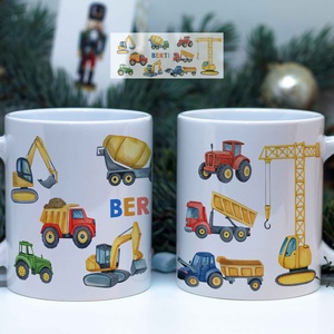 Munkagépes kerámia bögre színes munkagépekkel gyerekeknek, Otthon & Életmód, Konyhafelszerelés, tálalás, Tálalás, Bögre & Csésze, Decoupage, transzfer és szalvétatechnika, Fotó, grafika, rajz, illusztráció, MESKA