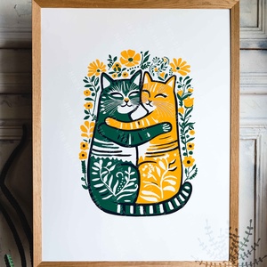 Ölelkező macskák falikép - házassági évforduló, páros ajándék Modern népi stílusú print, Otthon & Életmód, Dekoráció, Kép & Falikép, Poszter, Fotó, grafika, rajz, illusztráció, MESKA