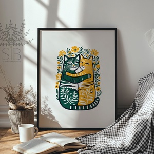 Ölelkező macskák falikép - házassági évforduló, páros ajándék Modern népi stílusú print - otthon & életmód - dekoráció - kép & falikép - poszter - Meska.hu