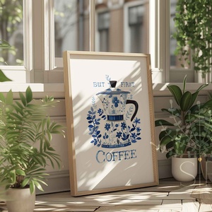 But first coffee print kávéfőző kék virág grafikás konyhai falkép - otthon & életmód - konyhafelszerelés, tálalás - konyhai dekoráció - konyhai dísz - Meska.hu