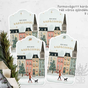 Karácsonyi ajándékkísérő, téli városi kutya mintás formavágott ajándékátadó címke, Karácsony, Karácsonyi ajándékozás, Karácsonyi képeslap, üdvözlőlap, ajándékkísérő, Fotó, grafika, rajz, illusztráció, MESKA