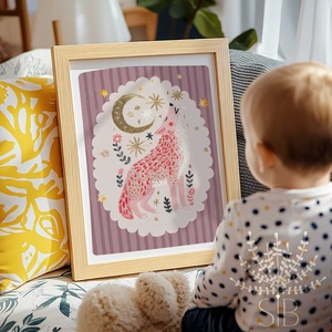 Modern, színes boho stílusú falikép, farkas grafika - baba - mama - babaszoba-dekoráció - babaszoba kép - Meska.hu