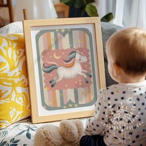 Egyszarvú, Modern, színes boho stílusú falikép, unikornis grafika - baba - mama - babaszoba-dekoráció - babaszoba kép - Meska.hu