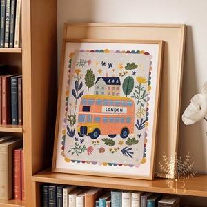 London busz, Modern, színes boho stílusú gyerekszobai falikép - baba - mama - babaszoba-dekoráció - babaszoba kép - Meska.hu