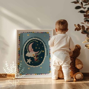 Hold gyermek poszter illusztráció, Modern, színes boho stílusú falikép grafika - baba - mama - babaszoba dekoráció - babaszoba kép - Meska.hu