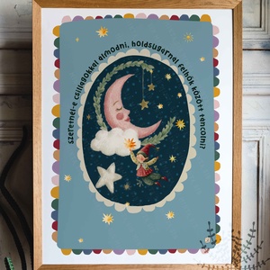 Hold gyermek poszter illusztráció, Modern, színes boho stílusú falikép grafika - Meska.hu