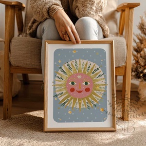 Nap, mesés napsugár gyermek poszter illusztráció, Modern, színes boho stílusú falikép grafika - baba - mama - babaszoba dekoráció - babaszoba kép - Meska.hu