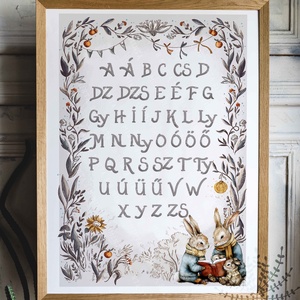 ABC poszter gyerekszobába, iskolára hangoló nyuszis illusztrált ABC kép, Baba - mama, Babaszoba dekoráció, Babaszoba kép, Fotó, grafika, rajz, illusztráció, MESKA