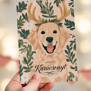 Karácsonyi képeslap festett golden retriever üdvözlő kártya ajándékkísérő - Meska.hu