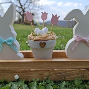 Húsvéti nyuszis dekoráció, Ünnepi díszek, dekorációk, Húsvéti díszek és dekorációk, Húsvéti asztaldíszek, Famegmunkálás, Gipszöntés, MESKA