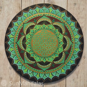  Türkizzöld-barna Mandala Életvirága szimbólummal , Otthon & Lakás, Dekoráció, Spiritualitás, Mandala, Festett tárgyak, MESKA
