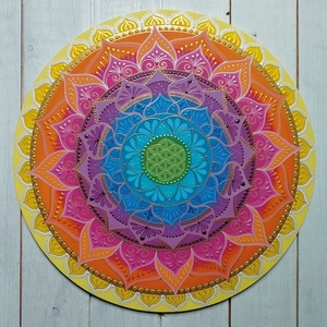  Sárga Szivárvány Mandala , Otthon & Életmód, Dekoráció, Spiritualitás, Mandala, Festett tárgyak, "Szivárvány" Mandala  Életvirága szimbólummal 

( 50cm,  1 cm vastag, akasztóval ellátva) 

Egyedi ..., MESKA