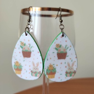 'Itt a Húsvét' fa fülbevaló, Ékszer, Fülbevaló, Lógó csepp fülbevaló, Decoupage, transzfer és szalvétatechnika, Ékszerkészítés, MESKA