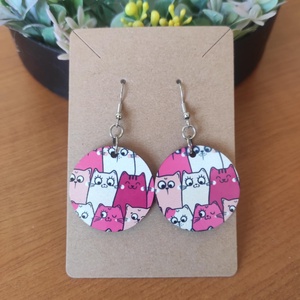 Cicakompánia fa fülbevaló, Ékszer, Fülbevaló, Lógós kerek fülbevaló, Decoupage, transzfer és szalvétatechnika, Ékszerkészítés, MESKA