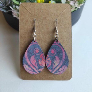 Rózsás csepp fa fülbevaló, Ékszer, Fülbevaló, Lógó csepp fülbevaló, Decoupage, transzfer és szalvétatechnika, Ékszerkészítés, MESKA