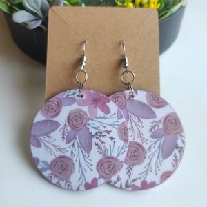 Kerek, virágmintás fa fülbevaló , Ékszer, Fülbevaló, Lógós kerek fülbevaló, Decoupage, transzfer és szalvétatechnika, Ékszerkészítés, MESKA