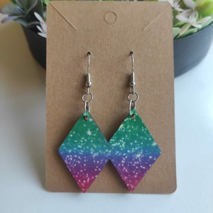 'Színgalaxis' rombusz fa fülbevaló, Ékszer, Fülbevaló, Lógó fülbevaló, Decoupage, transzfer és szalvétatechnika, Ékszerkészítés, MESKA