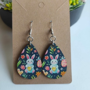Tavaszi Nyuszi húsvéti fa fülbevaló, Ékszer, Fülbevaló, Lógó csepp fülbevaló, Decoupage, transzfer és szalvétatechnika, Ékszerkészítés, MESKA