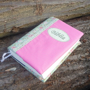 Zöld virágos-rózsaszín pöttyös Biblia borító -  - Meska.hu