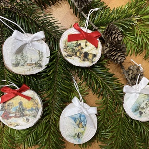 Masnis téli táj fakorong SZETT karácsonyfadíszek, Karácsony, Karácsonyi lakásdekoráció, Karácsonyfadíszek, Decoupage, transzfer és szalvétatechnika, Festett tárgyak, MESKA