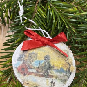VÁROS - Masnis téli táj fakorong karácsonyfadísz, Karácsony, Karácsonyi lakásdekoráció, Karácsonyfadíszek, Decoupage, transzfer és szalvétatechnika, Festett tárgyak, MESKA