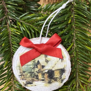 FAHÁZAS - Masnis téli táj fakorong karácsonyfadísz, Karácsony, Karácsonyi lakásdekoráció, Karácsonyfadíszek, Decoupage, transzfer és szalvétatechnika, Festett tárgyak, MESKA