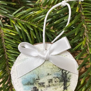 SÉTA - Masnis téli táj fakorong karácsonyfadísz, Karácsony, Karácsonyi lakásdekoráció, Karácsonyfadíszek, Decoupage, transzfer és szalvétatechnika, Festett tárgyak, MESKA