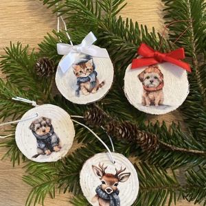 Cuki állatos fakorong SZETT díszek, Karácsony, Karácsonyi lakásdekoráció, Karácsonyfadíszek, Decoupage, transzfer és szalvétatechnika, Festett tárgyak, MESKA