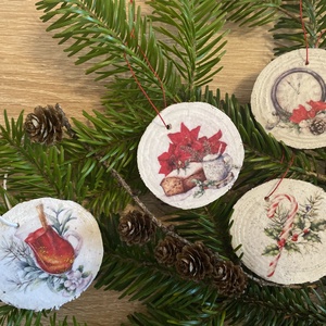 Karácsonyi szimbólumok fakorong SZETT karácsonyfadíszek, Karácsony, Karácsonyi lakásdekoráció, Karácsonyfadíszek, Decoupage, transzfer és szalvétatechnika, Festett tárgyak, MESKA